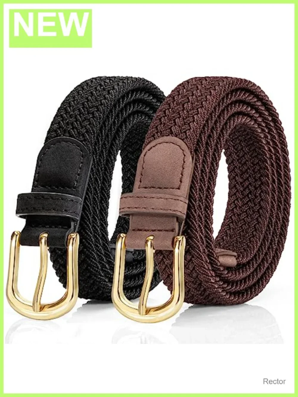 2 Pack Elastic Woven Stretch Belt for Women, Braided PU Leather Belt